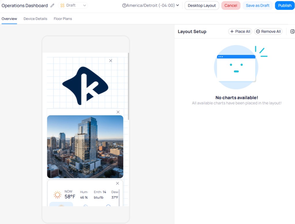 Dashboard mobile layout editor showing a phone-shaped canvas with a KODE logo widget, a building image widget, and a weather widget, and a Layout Setup panel on the right with Place All and Remove All buttons and a No charts available message indicating all charts have been placed