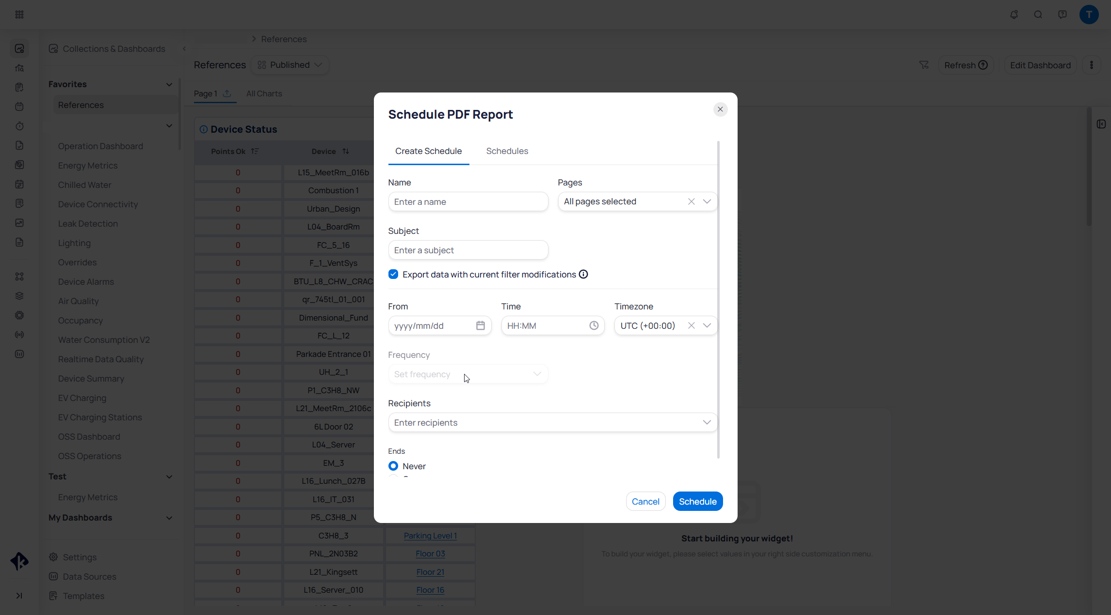 Schedule PDF Report dialog showing Create Schedule tab with Name, Pages set to All pages selected, Subject, Export data with current filter modifications checked, From date, Time, Timezone set to UTC, Frequency, Recipients, Ends set to Never, and Cancel and Schedule buttons