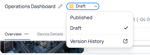 Dashboard status dropdown showing Published, Draft with a checkmark, and Version History with an external link icon