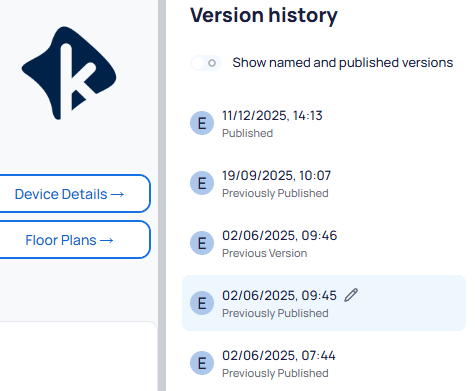 Version History panel showing entries for 11/12/2025 Published, 19/09/2025 Previously Published, 02/06/2025 Previous Version, 02/06/2025 Previously Published with an edit icon, and 02/06/2025 Previously Published