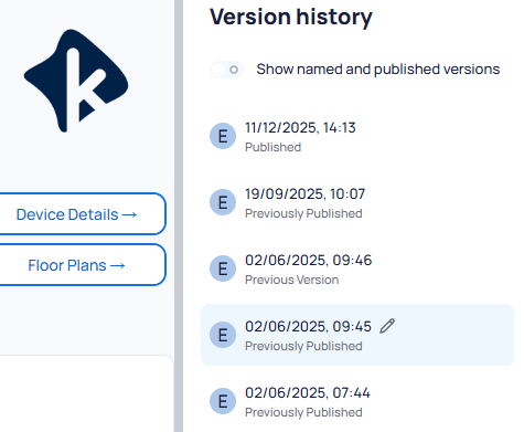 Version History panel showing entries for 11/12/2025 Published, 19/09/2025 Previously Published, 02/06/2025 Previous Version, 02/06/2025 Previously Published with an edit icon, and 02/06/2025 Previously Published