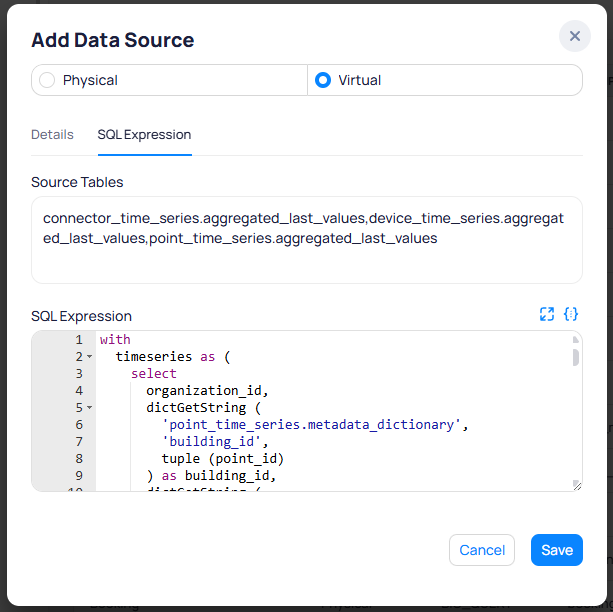 Add Data Source dialog with Virtual selected, SQL Expression tab active, showing Source Tables listing connector_time_series, device_time_series, and point_time_series aggregated_last_values, and a SQL Expression editor with a query using dictGetString on point_time_series metadata_dictionary