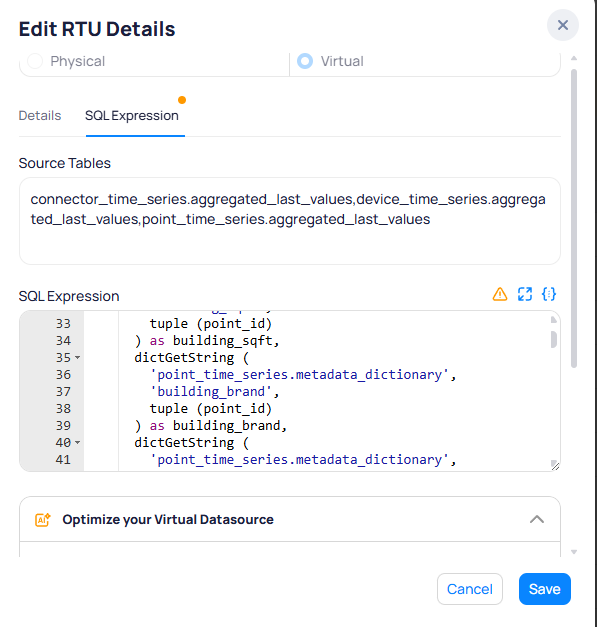 Edit RTU Details dialog with Virtual selected, SQL Expression tab showing Source Tables and SQL code editor with ClickHouse query, and an Optimize your Virtual Datasource expandable section at the bottom