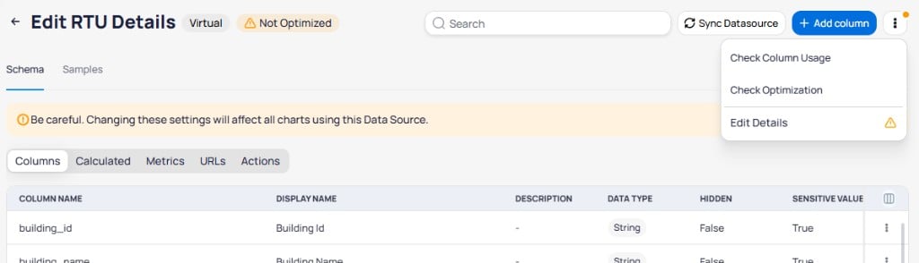 Data source schema view three-dot menu showing Check Column Usage, Check Optimization, and Edit Details options