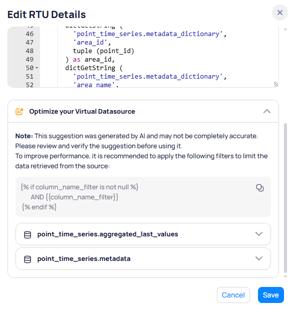 Optimize your Virtual Datasource section showing an AI-generated note about applying filters, a suggested filter template with column_name_filter placeholder, and expandable sections for point_time_series.aggregated_last_values and point_time_series.metadata source tables