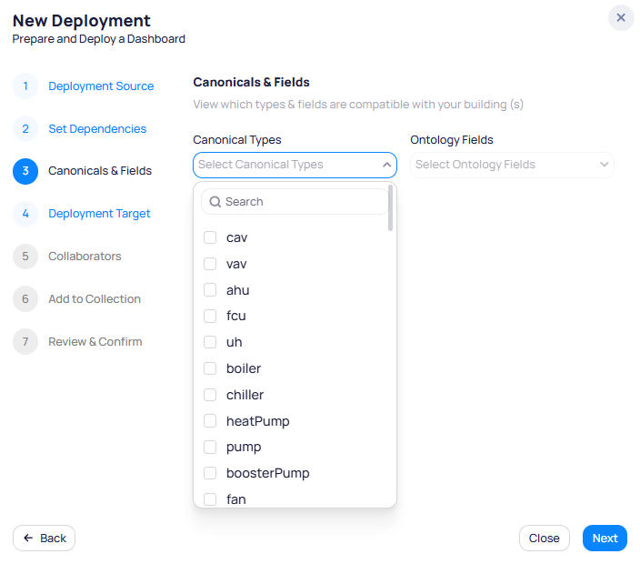 New Deployment wizard step 3 Canonicals and Fields showing Canonical Types dropdown expanded with cav, vav, ahu, fcu, uh, boiler, chiller, heatPump, pump, boosterPump, and fan options, and an Ontology Fields dropdown