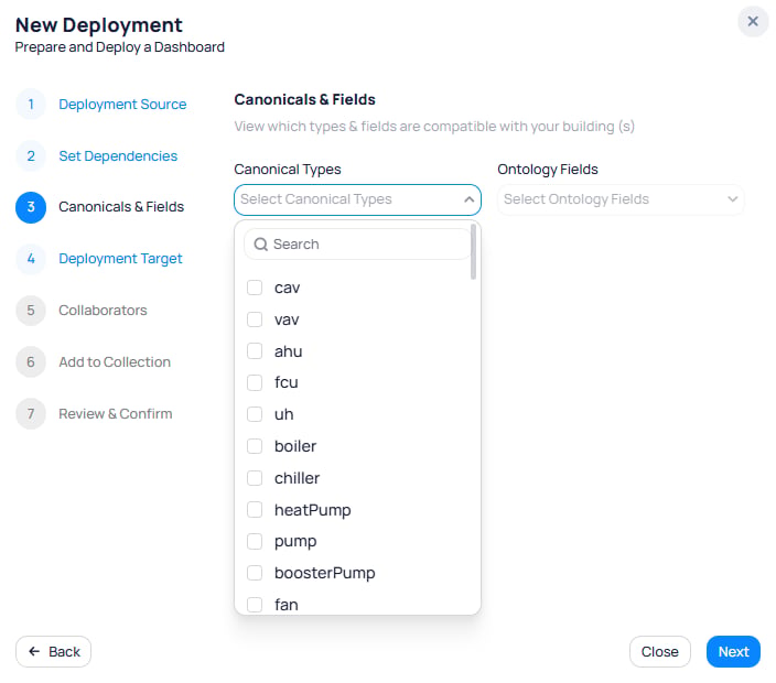 New Deployment wizard step 3 Canonicals and Fields showing Canonical Types dropdown expanded with cav, vav, ahu, fcu, uh, boiler, chiller, heatPump, pump, boosterPump, and fan options, and an Ontology Fields dropdown