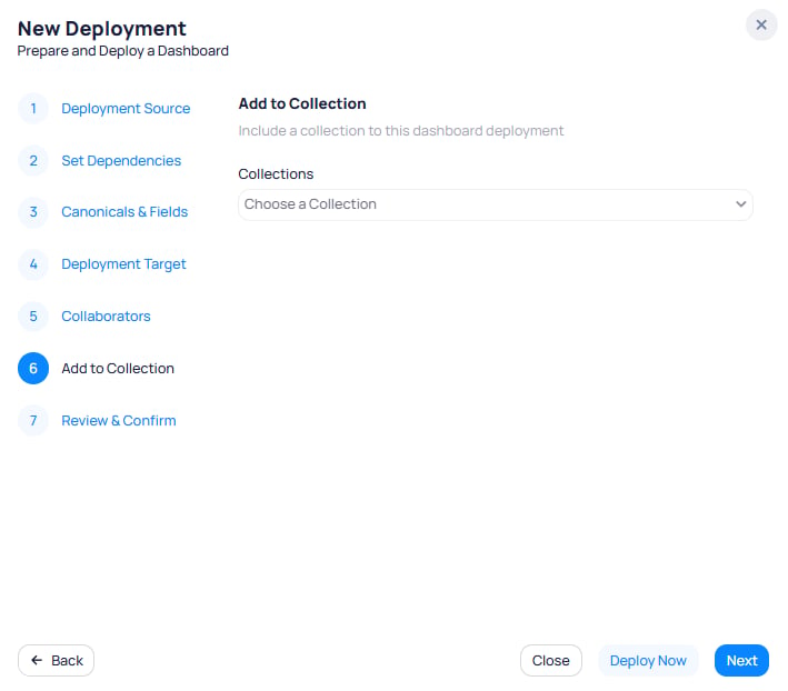 New Deployment wizard step 6 Add to Collection showing a Collections dropdown set to Choose a Collection with Back, Close, Deploy Now, and Next buttons