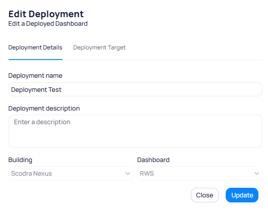 Edit Deployment dialog showing Deployment Details and Deployment Target tabs, Deployment name set to Deployment Test, Deployment description field, Building set to Scodra Nexus, Dashboard set to RWS, and Close and Update buttons
