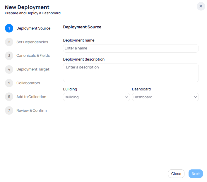 New Deployment wizard step 1 Deployment Source showing Deployment name field, Deployment description field, Building dropdown, and Dashboard dropdown with Close and Next buttons