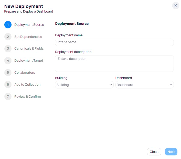 New Deployment wizard step 1 Deployment Source showing Deployment name field, Deployment description field, Building dropdown, and Dashboard dropdown with Close and Next buttons