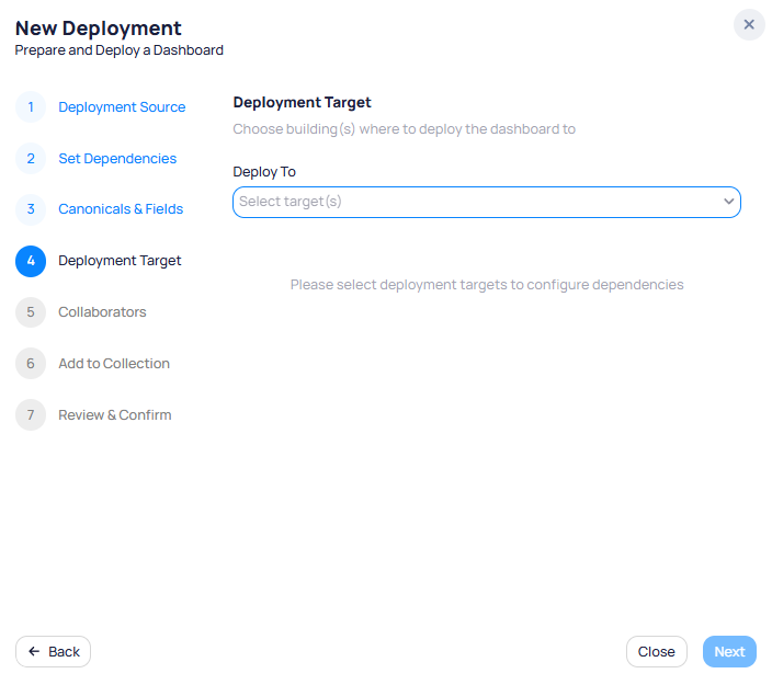 New Deployment wizard step 4 Deployment Target showing Deploy To with a Select targets dropdown and a Please select deployment targets to configure dependencies message with Back, Close, and Next buttons