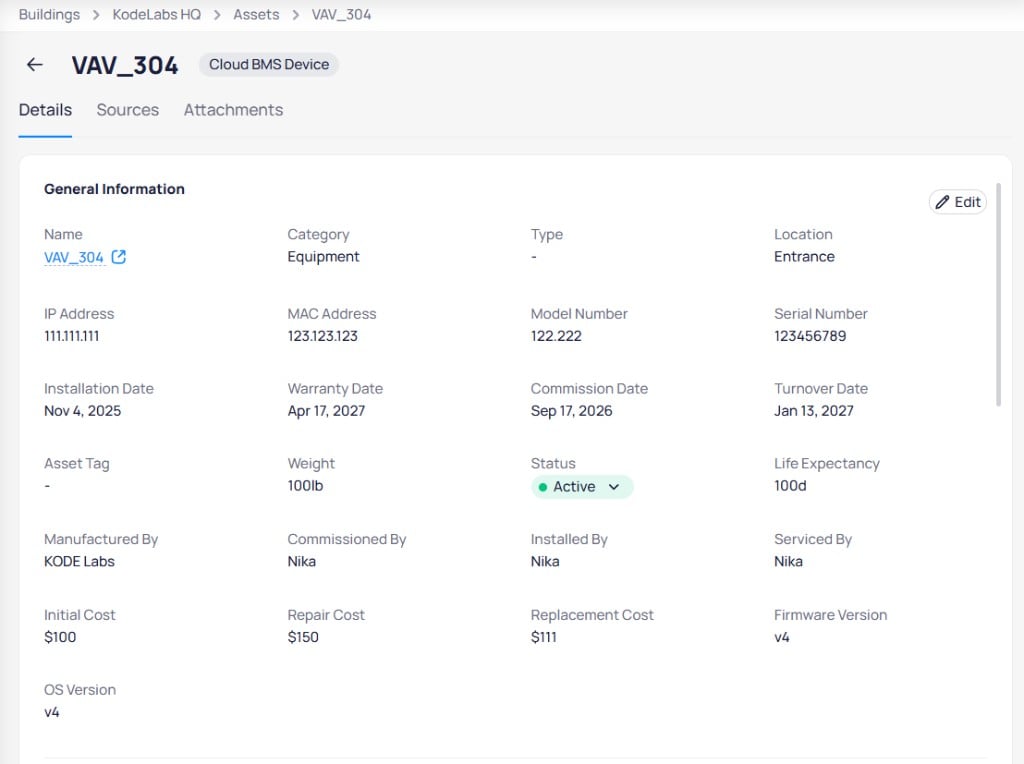 Asset detail page Details tab with General information including Name, Category, network fields, dates, costs, vendors, and Active status