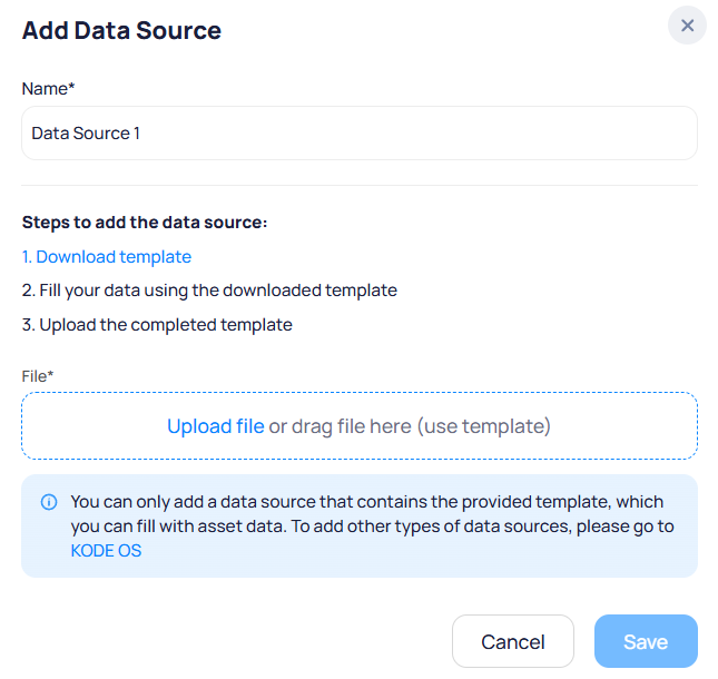 Add Data Source modal with Name field, template download steps, and file upload area