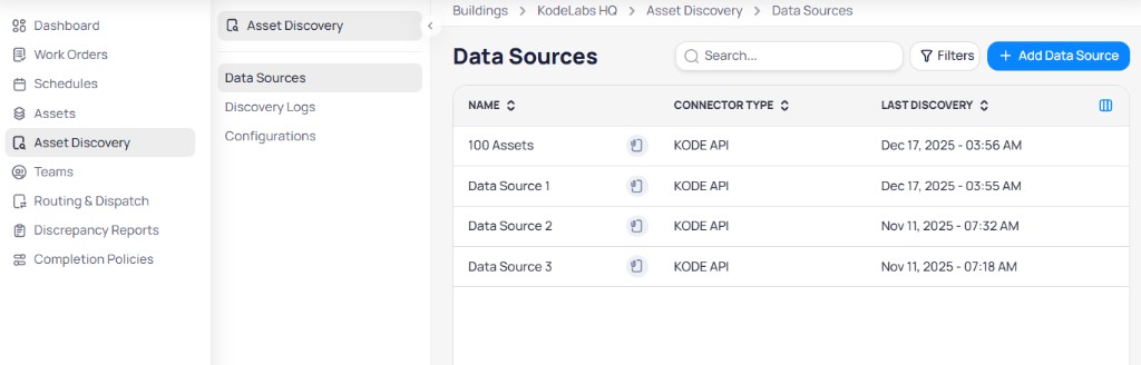 Asset Discovery Data Sources table with Name, Connector Type, and Last Discovery columns plus Add Data Source button