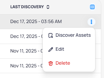 Data source row menu with Discover Assets, Edit, and Delete options