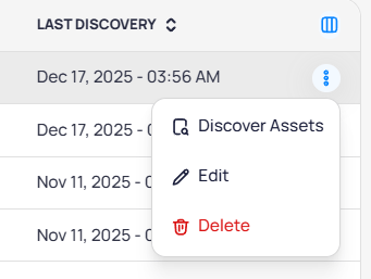 Data source row menu with Discover Assets, Edit, and Delete options