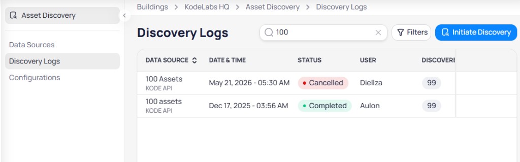 Initiate Discovery modal with Choose Data Source dropdown and Initiate Discovery button