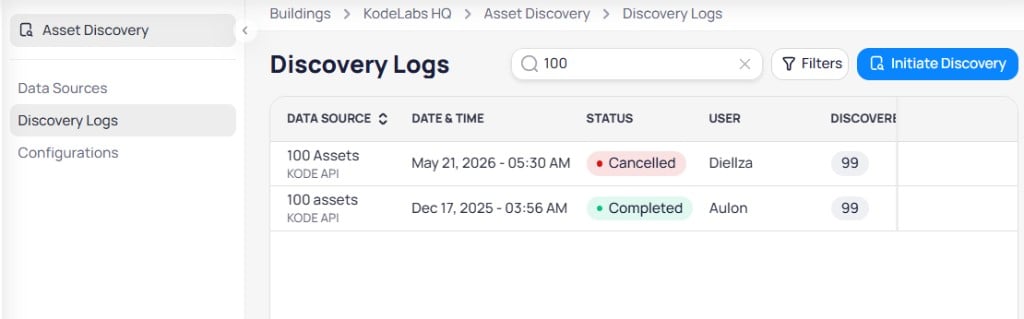 Initiate Discovery modal with Choose Data Source dropdown and Initiate Discovery button