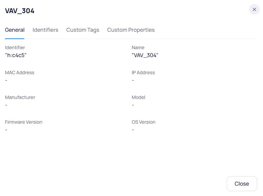 Source detail modal for VAV_304 with General tab showing Identifier h:c4c5 and Name VAV_304