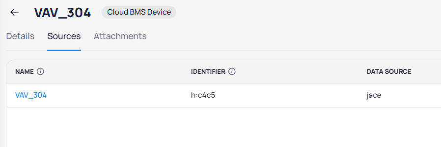 Asset Sources tab showing linked source VAV_304 with identifier h:c4c5 and data source jace