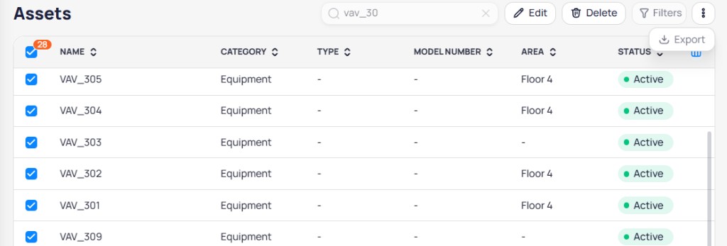 Assets list with multiple rows selected showing Edit and Delete actions in the header