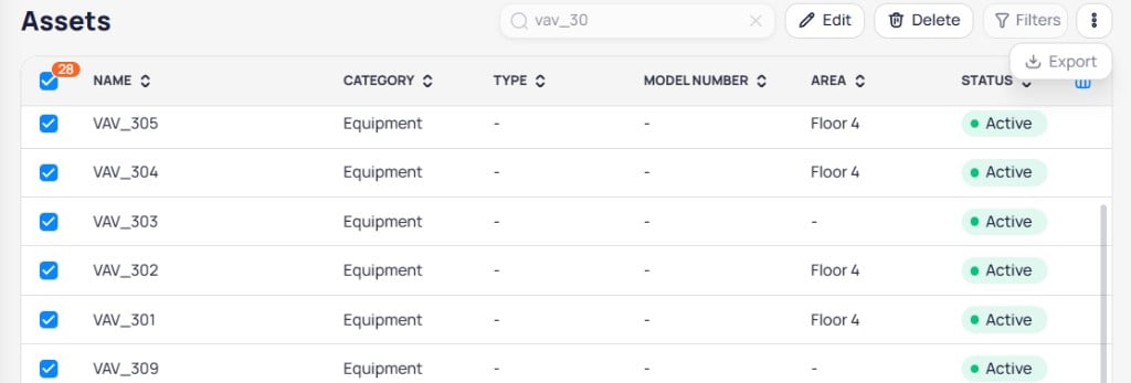 Assets list with multiple rows selected showing Edit and Delete actions in the header