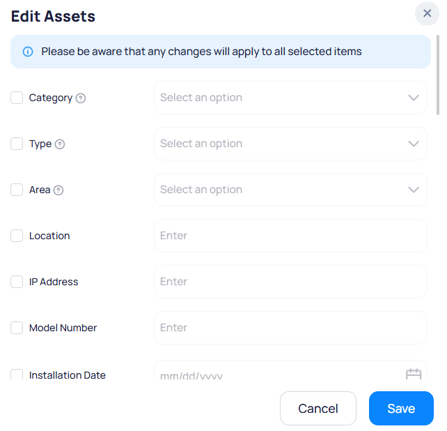 Edit Assets modal with warning banner, Category Type and Area dropdowns, and Location IP Address Model Number Installation Date fields