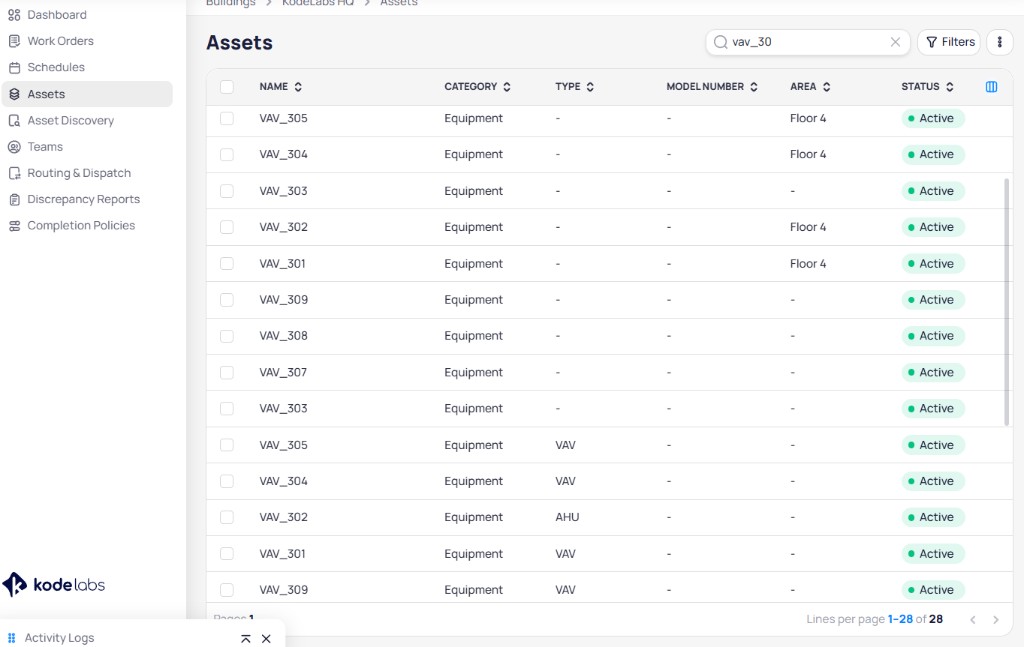 Building Assets table with search bar, Filters button, and columns Name, Category, Type, Model Number, Area, and Active status