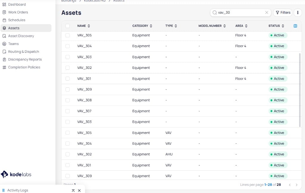 Building Assets table with search bar, Filters button, and columns Name, Category, Type, Model Number, Area, and Active status