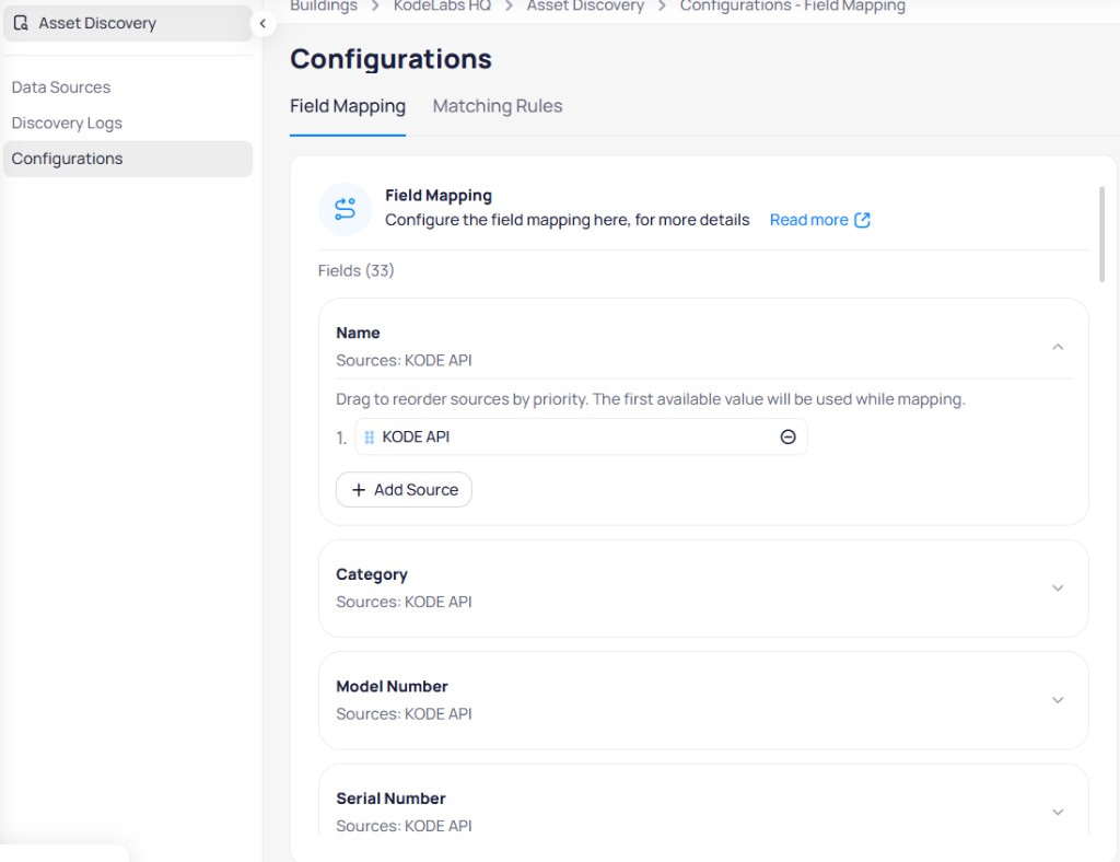 Configurations Field Mapping tab showing Name field expanded with KODE API source priority and Add Source button