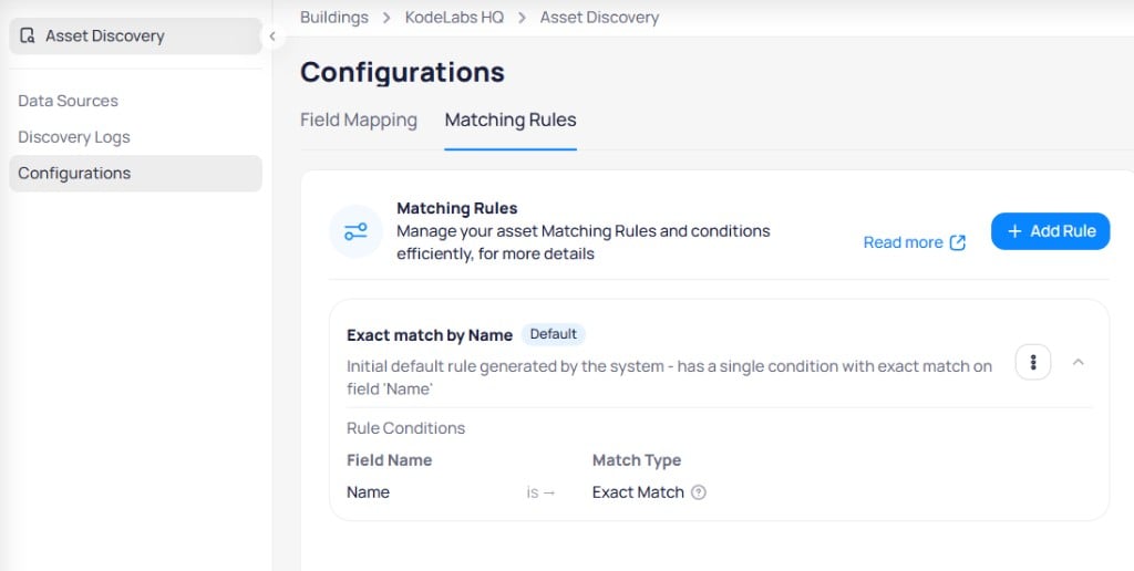 Configurations Matching Rules tab showing Exact match by Name default rule with Field Name and Match Type columns