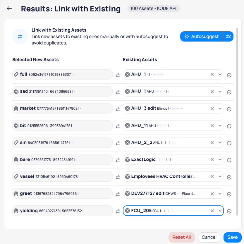 Link with Existing screen showing Selected New Assets paired with Existing Assets dropdowns and Autosuggest button