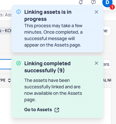 Linking assets in progress and Linking completed successfully toasts with Go to Assets link