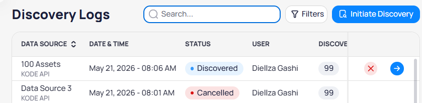 Discovery Logs table with Data Source, Date and Time, Discovered and Cancelled status badges, User, Discovered count, and row actions