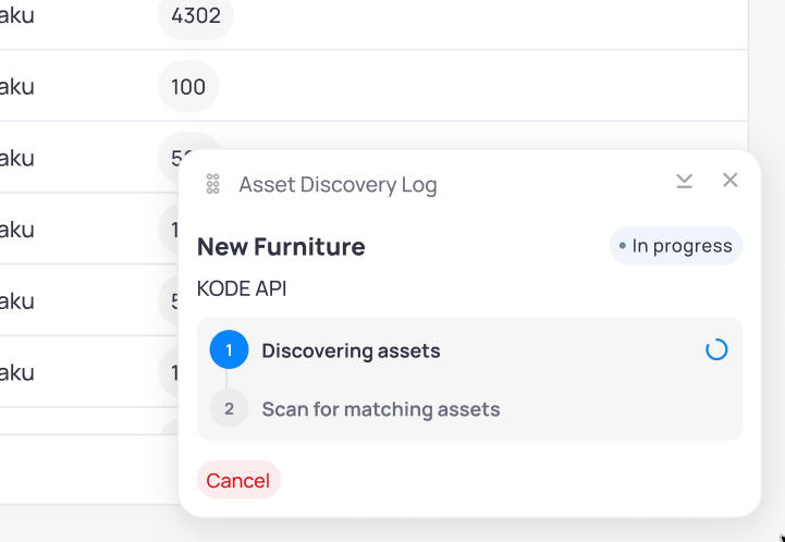 Asset Discovery Log popup for New Furniture via KODE API showing Discovering assets in progress and Scan for matching assets as the next step