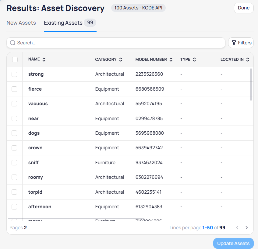 Results Asset Discovery Existing Assets tab with Name, Category, Model Number, Type, and Located In columns and Update Assets button