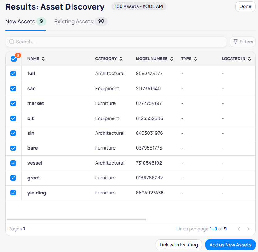 Results Asset Discovery New Assets tab with selected rows and Link with Existing and Add as New Assets buttons