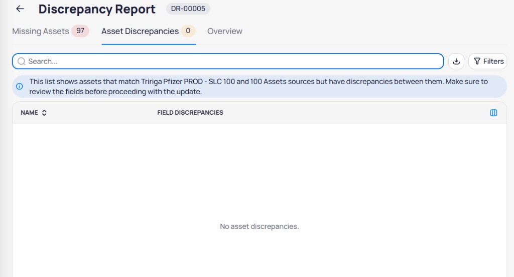 Discrepancy Report Asset Discrepancies tab with Name and Field Discrepancies columns and empty state message