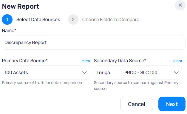 New Report modal step one with Name, Primary Data Source, and Secondary Data Source dropdowns