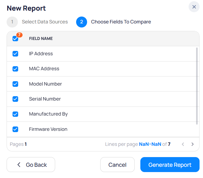 New Report modal step two Choose Fields To Compare with checkboxes for IP Address, MAC Address, Model Number, Serial Number, and other fields