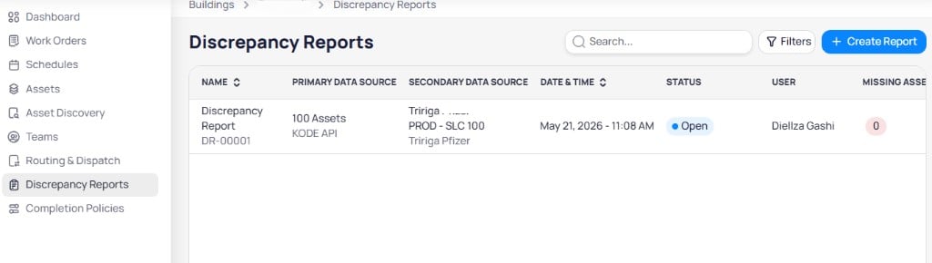 AssetOps Discrepancy Reports list with Name, Primary Data Source, Secondary Data Source, Date and Time, Status, User, and Missing Assets columns