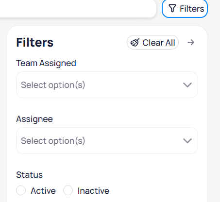Routing and Dispatch Categories filters panel with Team Assigned, Assignee, and Active or Inactive status options