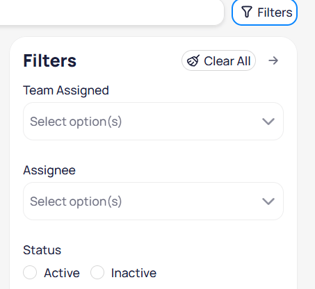 Routing and Dispatch Categories filters panel with Team Assigned, Assignee, and Active or Inactive status options