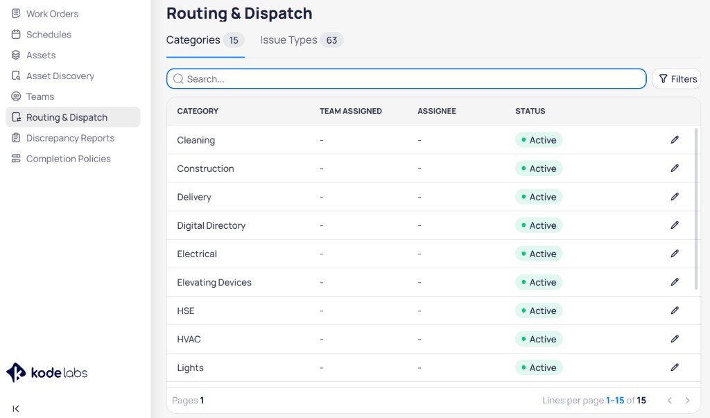 AssetOps Routing and Dispatch Categories tab with Category, Team Assigned, Assignee, and Status columns
