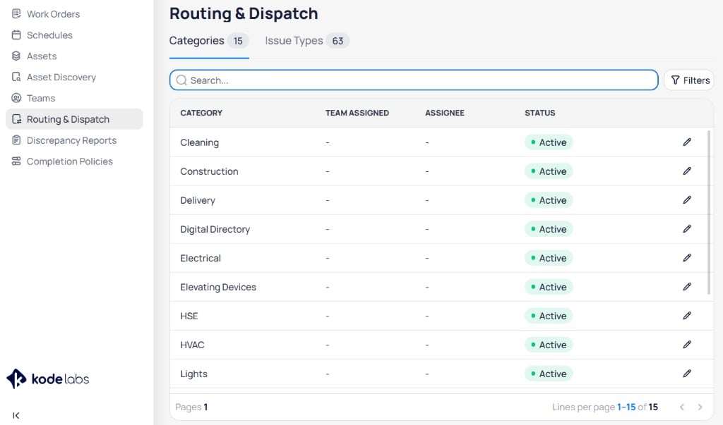 AssetOps Routing and Dispatch Categories tab with Category, Team Assigned, Assignee, and Status columns