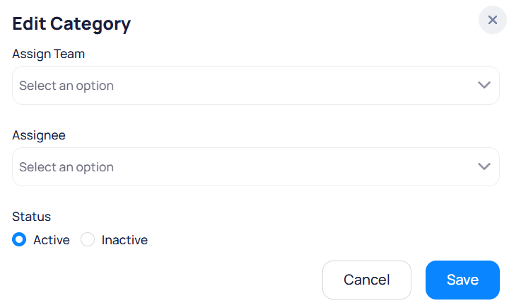 Edit Category modal with Assign Team, Assignee dropdowns and Active or Inactive status radio buttons