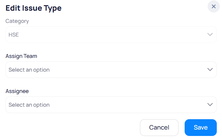 Edit Issue Type modal with Category field, Assign Team, and Assignee dropdowns
