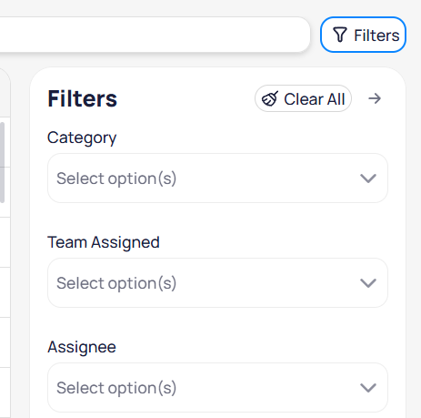 Routing and Dispatch Issue Types filters panel with Category, Team Assigned, and Assignee dropdowns