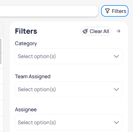 Routing and Dispatch Issue Types filters panel with Category, Team Assigned, and Assignee dropdowns